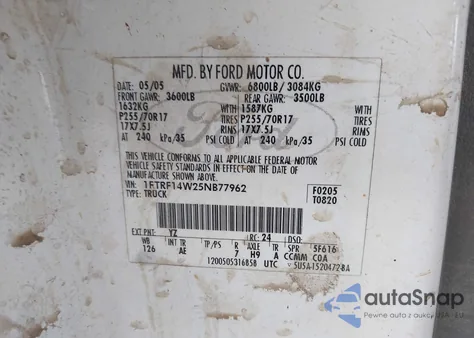 2005 Ford F-150 Stx/Xl/Xlt из США, поврежденный, VIN 1FTRF14W25NB77962